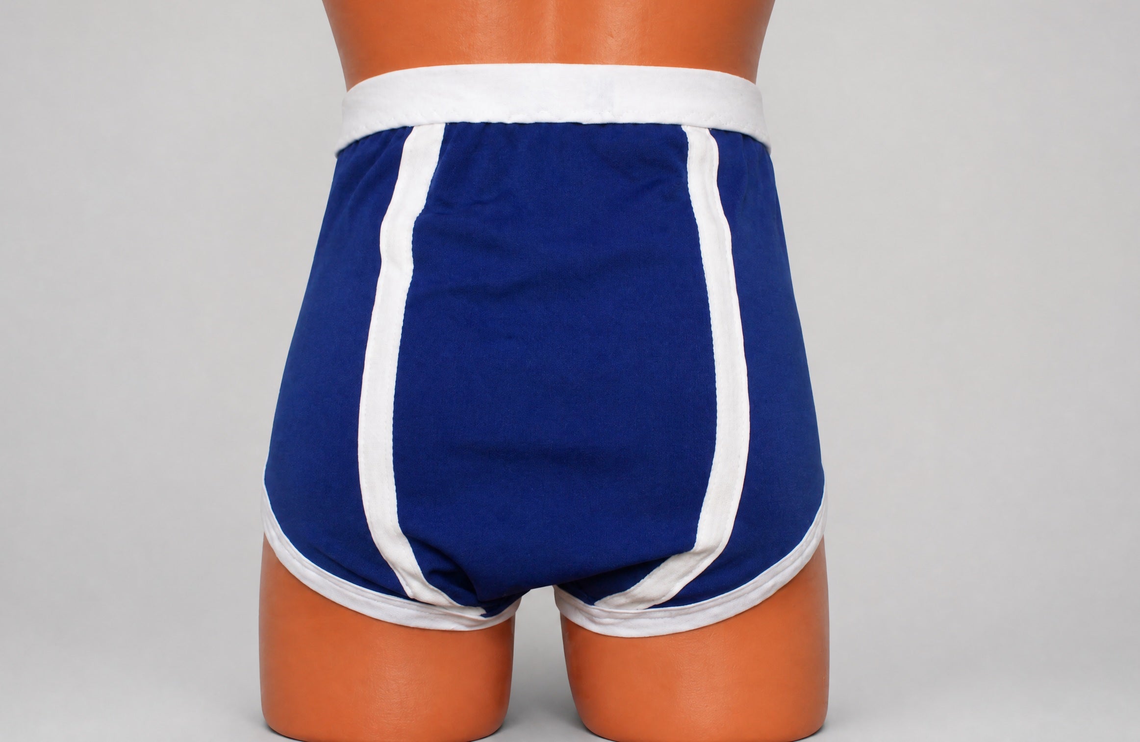 Royal blue nylon retro Y-front briefs — rear view showing double seat panel and white contrast trim