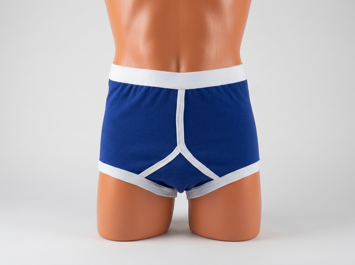 Royal blue nylon retro Y-front briefs — side view showing high-waist cut and white leg trim