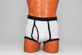 White and black retro double seat cotton briefs — front view showing Y-front opening and bold black contrast trim